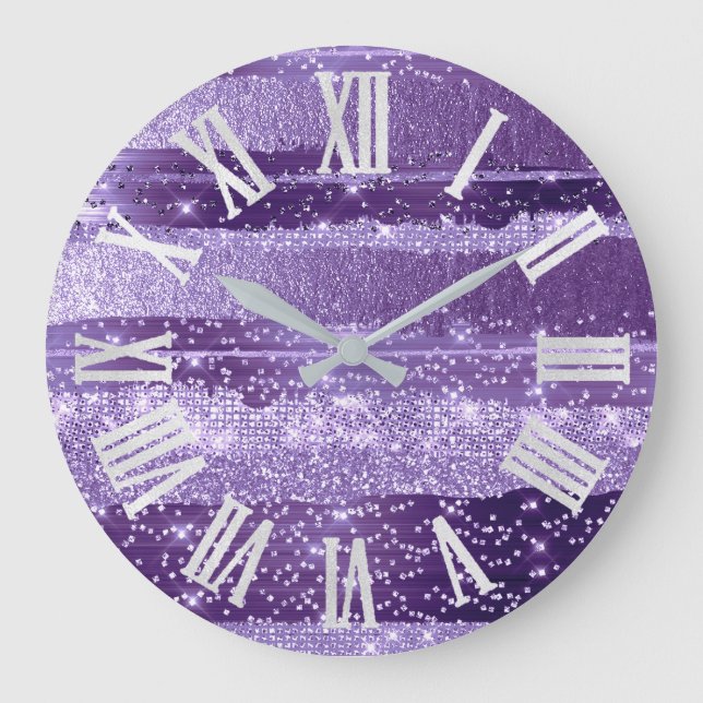 Grande Horloge Ronde PURPLE VIOLET STROKES Glitter Gray Roman Numbers (Recto)