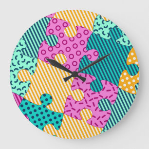 Grande Horloge Ronde Puzzles géométriques : bannière Memphis.