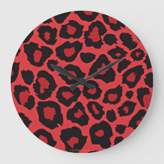 Grande Horloge Ronde RAB Rockabilly Empreinte de léopard Rouge Noir