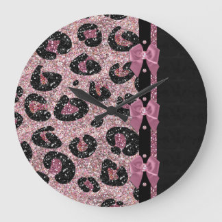Grande Horloge Ronde RAB Rockabilly Pink Leopard Ribbon Bows