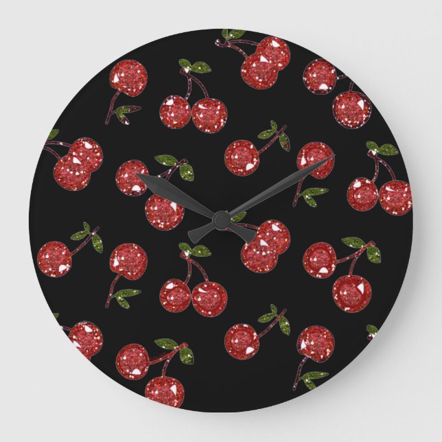 Grande Horloge Ronde RAB Rockabilly très cerise cerises sur noir (Recto)