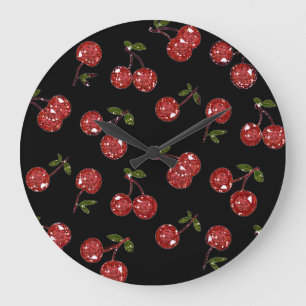 Grande Horloge Ronde RAB Rockabilly Très Cerises Cerises Sur Fond Noir