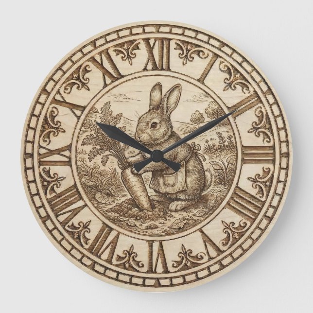 Grande Horloge Ronde Rabbit Wall Clock – Wood-Burned Style (Recto)