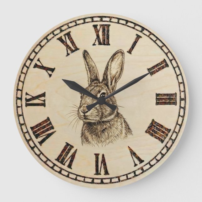 Grande Horloge Ronde Rabbit Wooden Wall Clock (Recto)