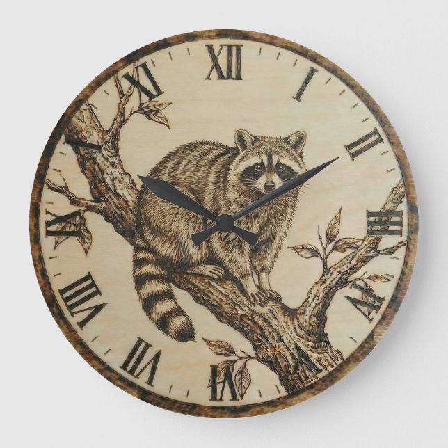 Grande Horloge Ronde Raccoon Wall Clock - Rustic Cabin Decor (Recto)