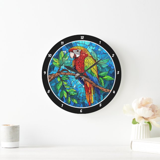 Grande Horloge Ronde Radiance tropicale" - Macaw en verre tendu (Maison)