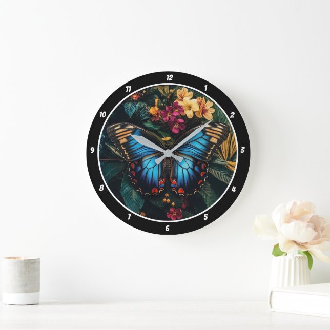 Grande Horloge Ronde Radiance tropicale" - Papillon bleu (Maison)