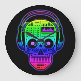 Grande Horloge Ronde Rainbow Day of Dead Sugar Skull DJ Avec Casque