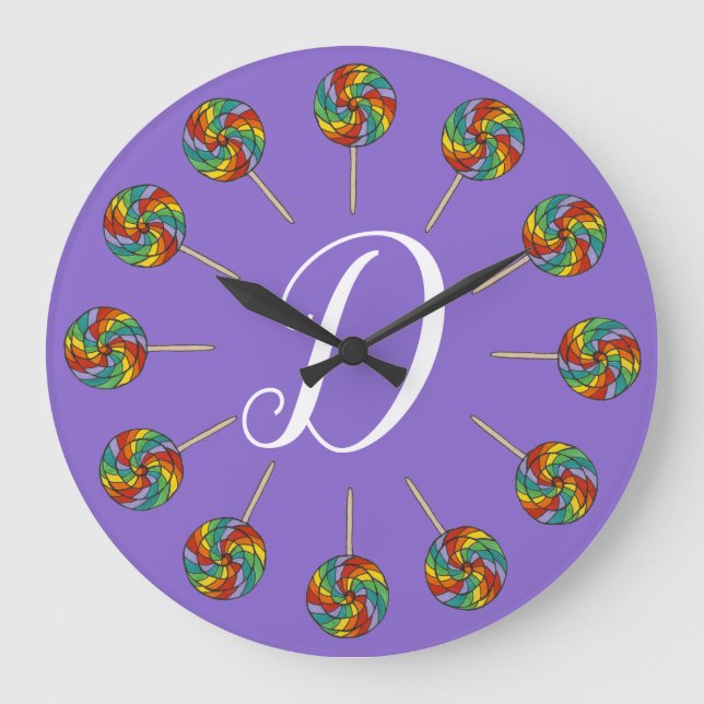 Grande Horloge Ronde Rainbow Lollipop Candy Lolly Purple Initial (Recto)