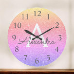 Grande Horloge Ronde Rainbow Sparkle Glitter Monogram<br><div class="desc">Rainbow Pastel Gold,  Purple and Pink ombre Sparkle Glitter Monogram Name and Initial Serving Wall Clock. The Wall Clock makes the perfect gift for someone oms loves sparkle and glitter.</div>