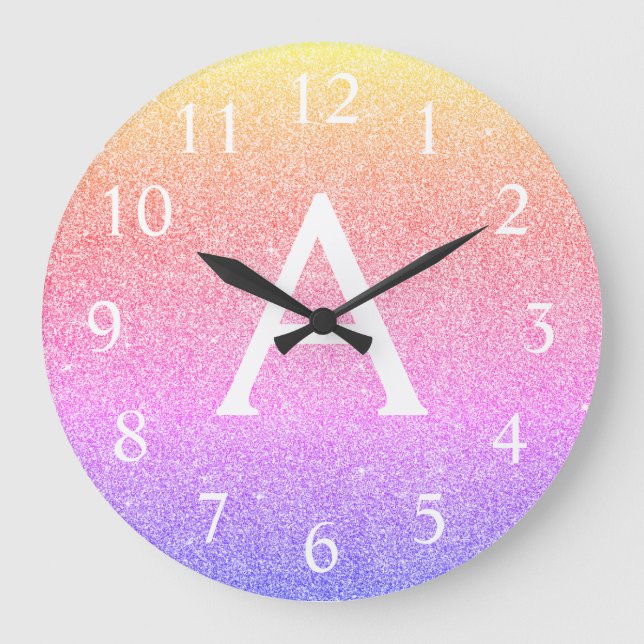 Grande Horloge Ronde Rainbow Sparkle Glitter Monogram Name (Recto)