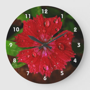 Grande Horloge Ronde Raindrops sur Belle photo de Fleur Rouge Dianthus