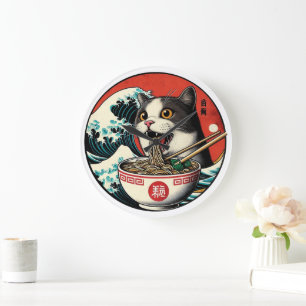 Grande Horloge Ronde Ramen de chat Art japonais Style vintage
