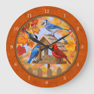 Grande Horloge Ronde Rassemblement d'oiseaux Orange d'automne