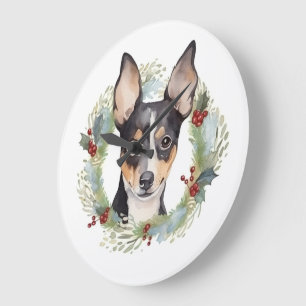 Grande Horloge Ronde Rat Terrier Fête de Noël Wreath Pup