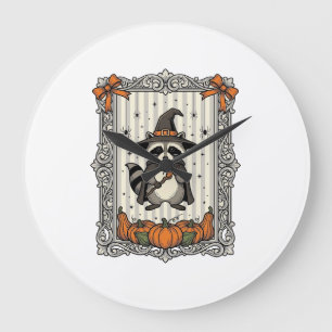 Grande Horloge Ronde Raton laveur de Halloween Sorcière Citrouille Vint
