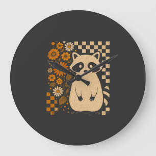 Grande Horloge Ronde Raton laveur Halloween à carreaux rétro
