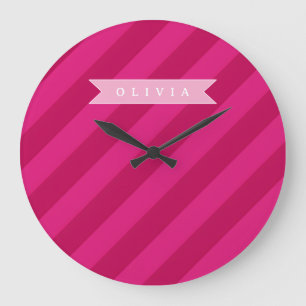 Grande Horloge Ronde Rayure Rose Moderne Mignonne Personnalisée
