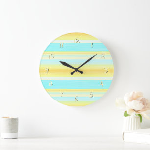 Grande Horloge Ronde Rayures Aquarelle Jaune Bleu Aqua Été Ensoleillé