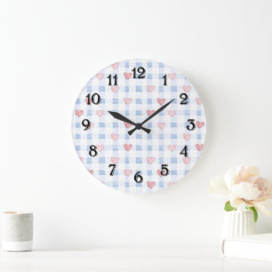 Grande Horloge Ronde Rayures bleues cœurs roses  