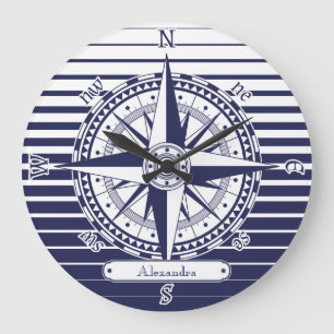 Grande Horloge Ronde Rayures bleues de rose de boussole