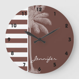 Grande Horloge Ronde Rayures Brown de fût ; Rayé ; Rétro paume