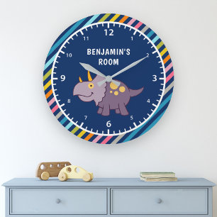 Grande Horloge Ronde Rayures Colorées Mignon Dinosaure Violet Chambre E