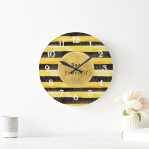Grande Horloge Ronde Rayures de guêpe jaune noir or