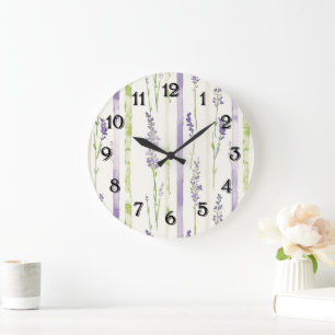 Grande Horloge Ronde Rayures de lavande Floral  