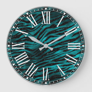 Grande Horloge Ronde Rayures de tigre ombrées sarcelle et noir pailleté