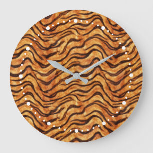 Grande Horloge Ronde Rayures de tigre ondulées sauvages orange brun fon