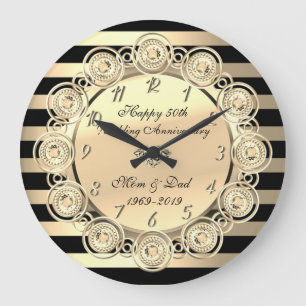 Grande Horloge Ronde Rayures dorées,Diamants 50e anniversaire de mariag