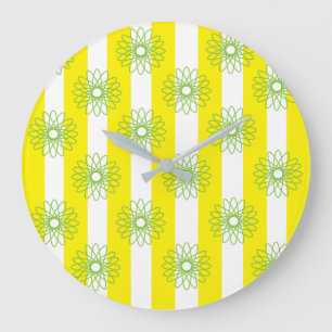 Grande Horloge Ronde Rayures Florales Jaune Blanc