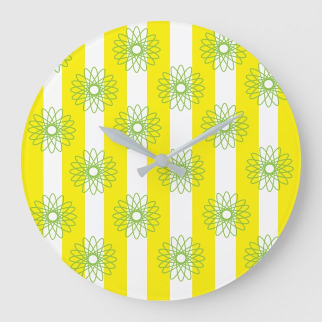 Grande Horloge Ronde Rayures Florales Jaune Blanc (Recto)
