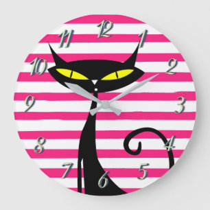 Grande Horloge Ronde Rayures modernes de rose de chat noir de la rétro