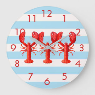 Grande Horloge Ronde Rayures nautiques blanches et bleues décor homard