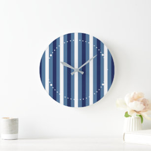 Grande Horloge Ronde Rayures Nautiques Bleu Marine Bleu Fumé Blanc Impe
