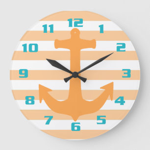 Grande Horloge Ronde Rayures orange clair et chiffres sarcelle ancre