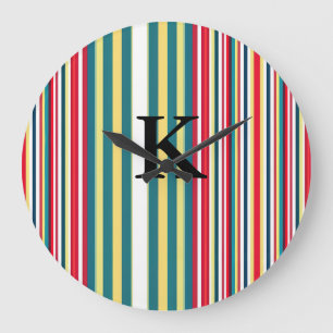 Grande Horloge Ronde Rayures rétro colorées ajoutent monogramme lettre