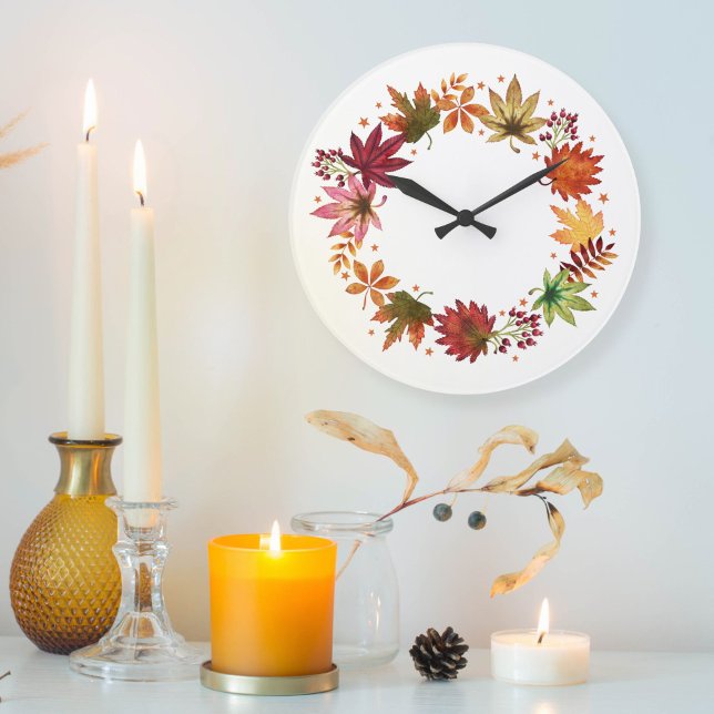 Grande Horloge Ronde Récolte agricole Automne Feuilles d'automne Feuill (Farmhouse Harvest Fall Autumn Leaves Wreath Large Clock)