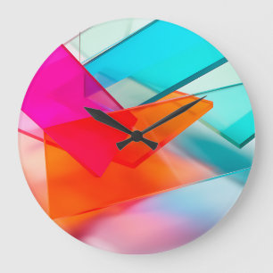 Grande Horloge Ronde Rectangles translucides abstraits néon vibrant 3D