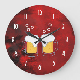 Grande Horloge Ronde Red Abstract modern with Beer Mugs