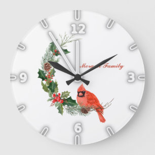 Grande Horloge Ronde Red cardinal Bird Holly Berry Christmas