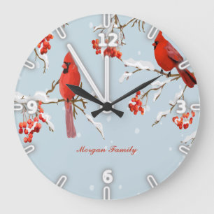 Grande Horloge Ronde Red Cardinal Bird Tree Snow Christmas
