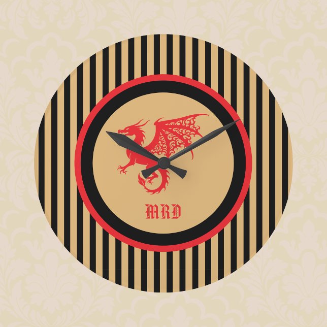 Grande Horloge Ronde Red Dragon with Regal Gold Black Stripes Monogram (Créateur téléchargé)