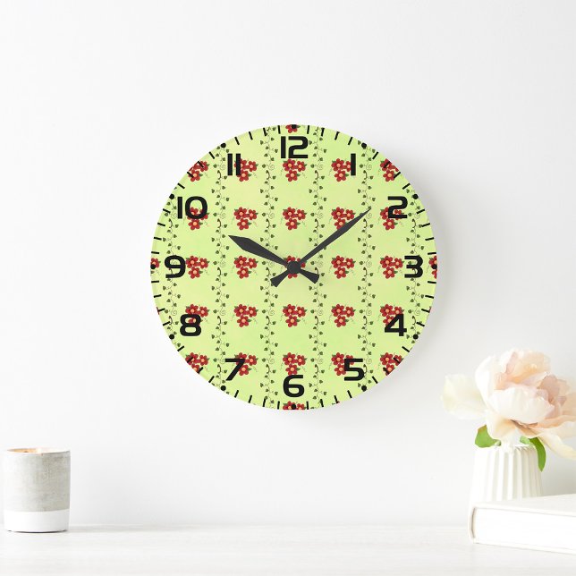 Grande Horloge Ronde Red Floral Vine Pattern on Light Green (Créateur téléchargé)