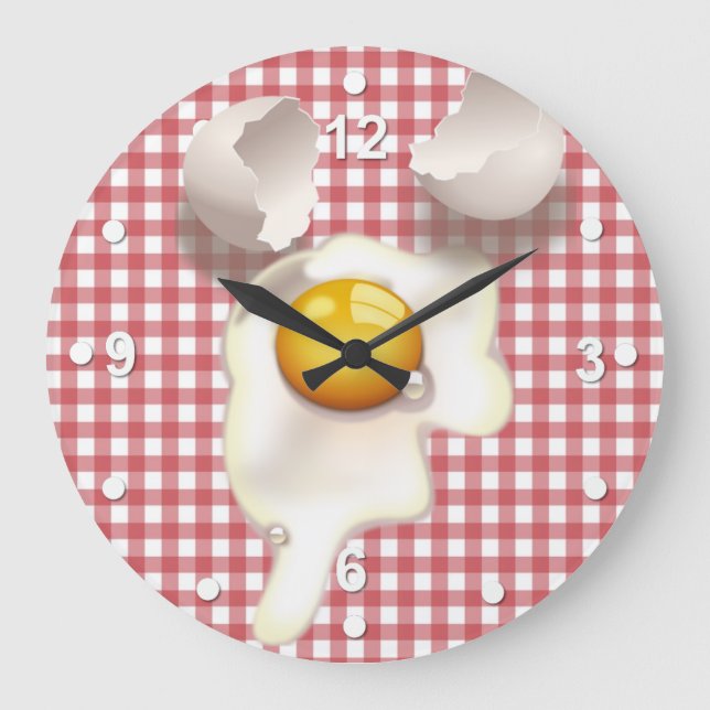 Grande Horloge Ronde Red Gingham Cracked Egg Kitchen Wall Clock (Recto)