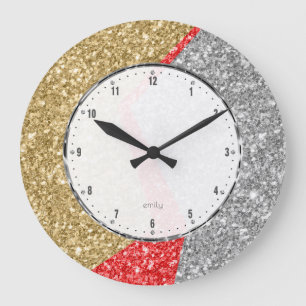 Grande Horloge Ronde Red gold & Silver colors glitter geometric design