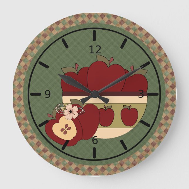 Grande Horloge Ronde Red & Green Country Apples Round Wall Clock (Recto)
