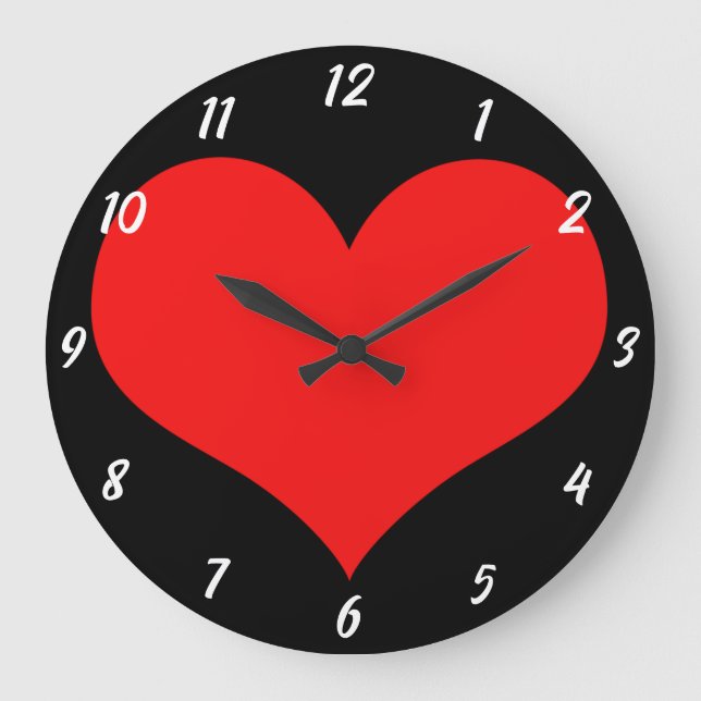 Grande Horloge Ronde Red Heart Motif Black Cute Valentine's Day Cadeau (Recto)